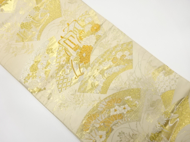 JAPANESE KIMONO / ANTIQUE FUKURO OBI / SILK / WOVEN CARRIAGE & FLOWER